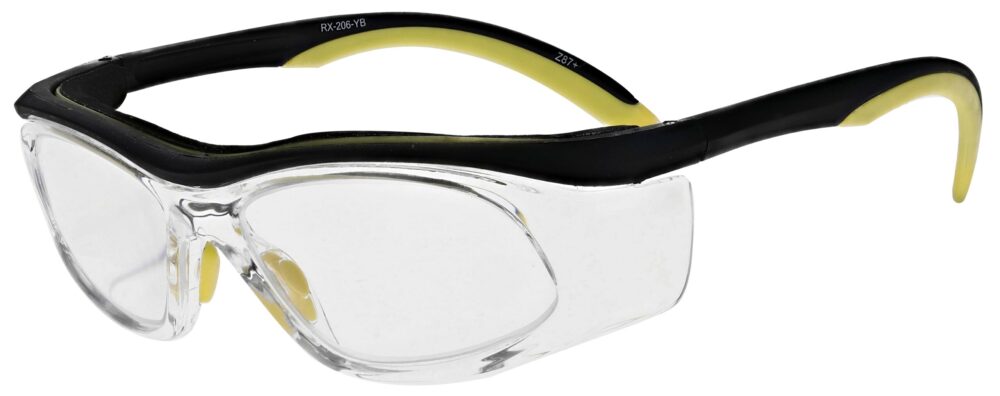 Safety Reading Glasses Model Impact in Black Yellow Frame with Clear Lens, Angled to the Side Left