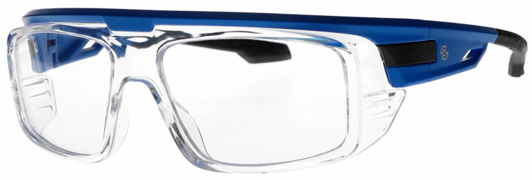 Prescription Safety Glasses RX-20020 in a Clear Blue Frame, Angled Left Side. RX-20020-BL