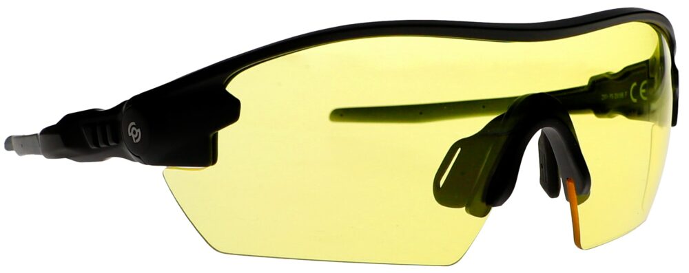 Prescription Safety Glasses 21504 in a Black Frame with Yellow Lens, Angled Right Side. PSG-YLW-21504