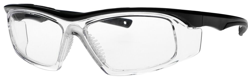 Prescription Safety Glasses T9559 in a Clear Black Frame, Angled Left Side. RX-T9559-BK