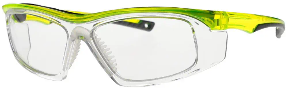 Prescription Safety Glasses T9559 in a Clear Neon Green Frame, Angled Left Side. RX-T9559-GN
