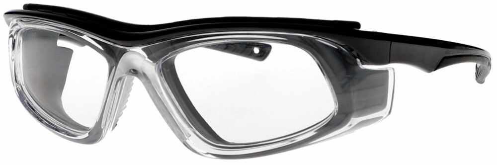 Prescription Safety Glasses T9603 in a Clear and Black Frame, Angled Left Side. RX-T9603-BKGY