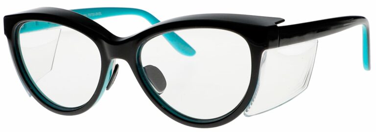 Prescription Safety Glasses T9730 Black and Teal Frame, Angled Left Side. RX-T9730-BKBL