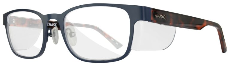 Wiley X Chase in a Matte Blue Frame with Side Shields, Angled Left Side. WX-WSCHS03