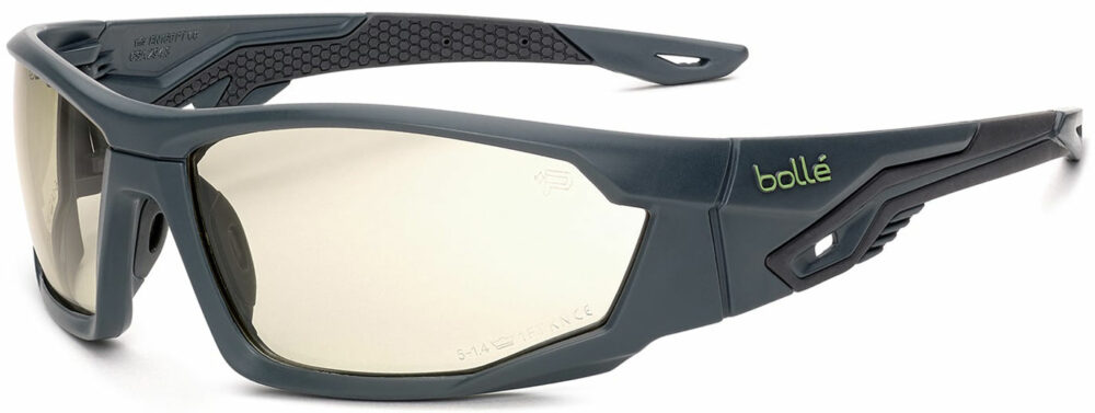 Bolle Mercuro Safety Glasses in Black and Gray Frame with Copper CSP Lens. Angled Left Side