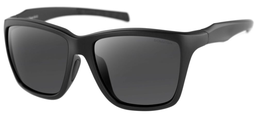 Bobster Anchor Sunglasses in a matte black frame with smoke polarized lenses. Angled left side