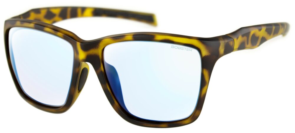 Bobster Anchor Sunglasses in a matte brown tortoise frame with clear blue light lenses. Angled left side