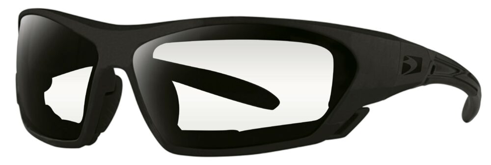 Bobster Crossover Sunglasses in a matte black frame with RX lenses. Angled left side