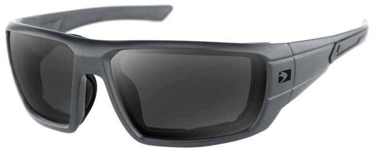 Bobster Mission Sunglasses in a matte gray frame with smoke lenses. Angled left side