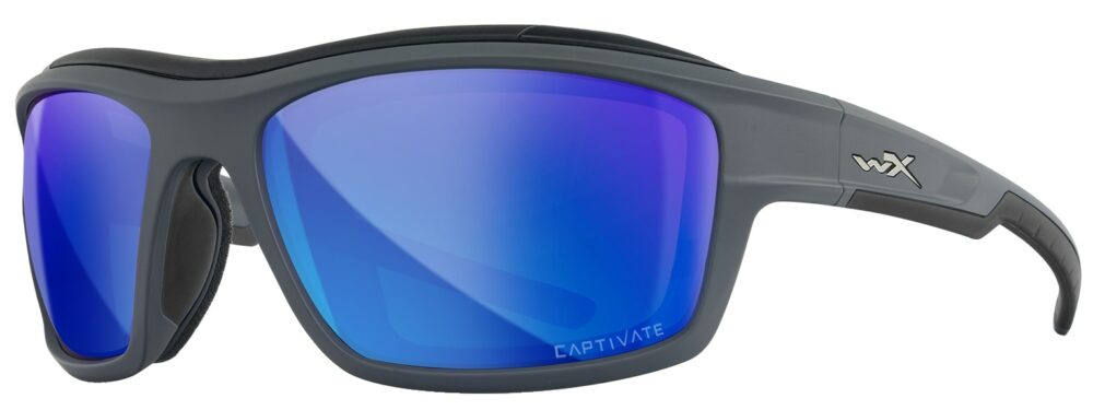 WX Ozone in a Matte Gray frame with Captive Polarized Blue lenses. Angled left