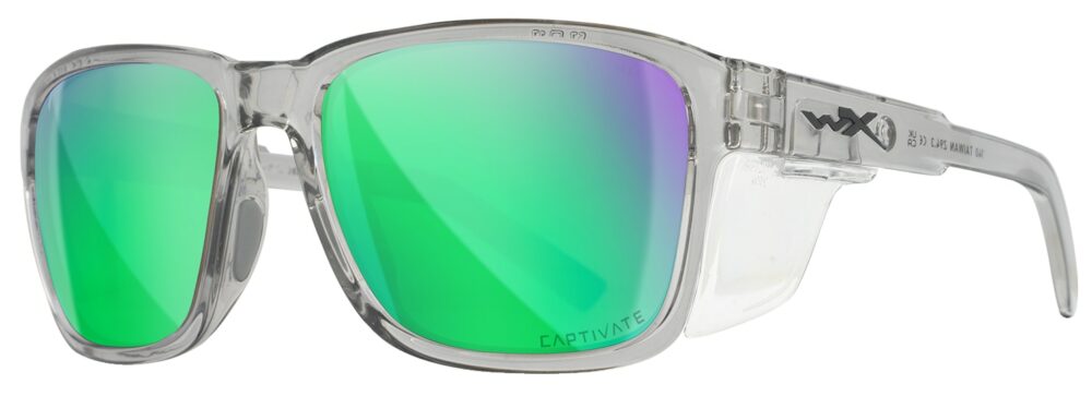 Wiley X Trek Sunglasses with side shields in a Gloss Crystal Light Gray Frame with Captive Polarized Green Mirror Lens. Angled left