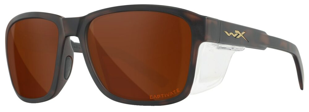 Wiley X Trek Sunglasses with side shields in a Matte Havana Brown Frame with Captive Polarized Copper Lens. Angled left