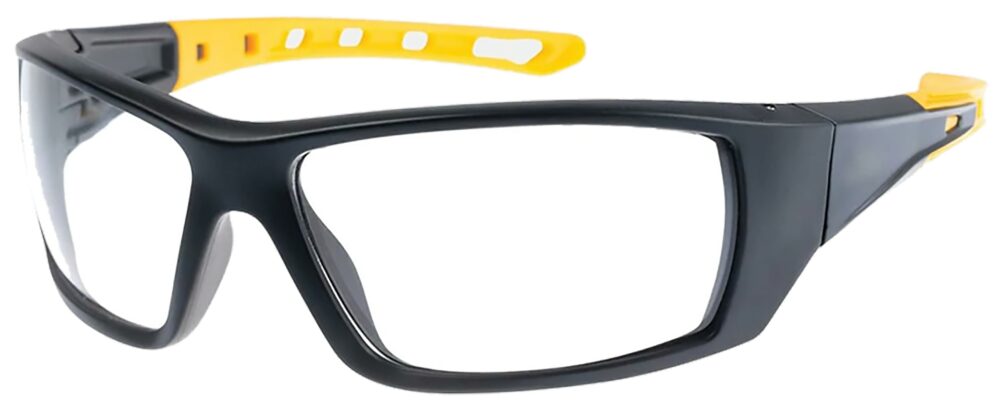 Caterpillar Planer Safety Glasses, Black and Yellow with Clear Lens. Angled Left