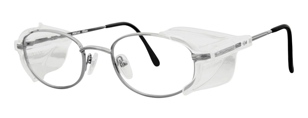 Pentax Alpha Glasses, Gunmetal frame with side shields. Angled left