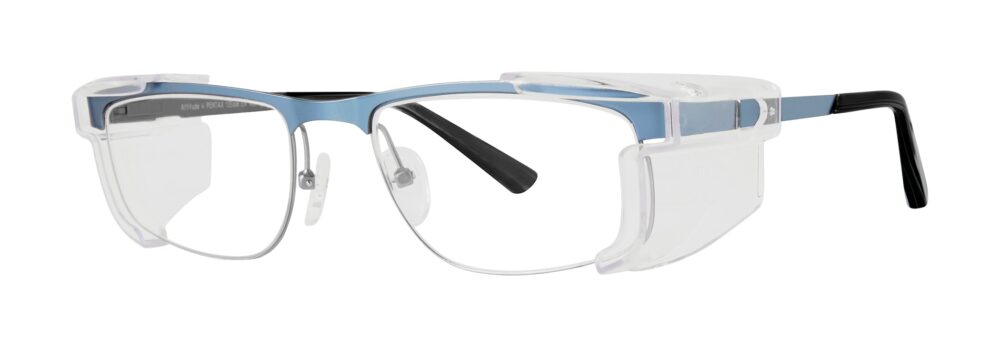 Pentax Attitude 4 Glasses, Blue and Silver frame with side shields. Angled left