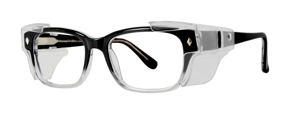 Pentax Classic 3 Glasses, Black Crystal frame with side shields. Angled left