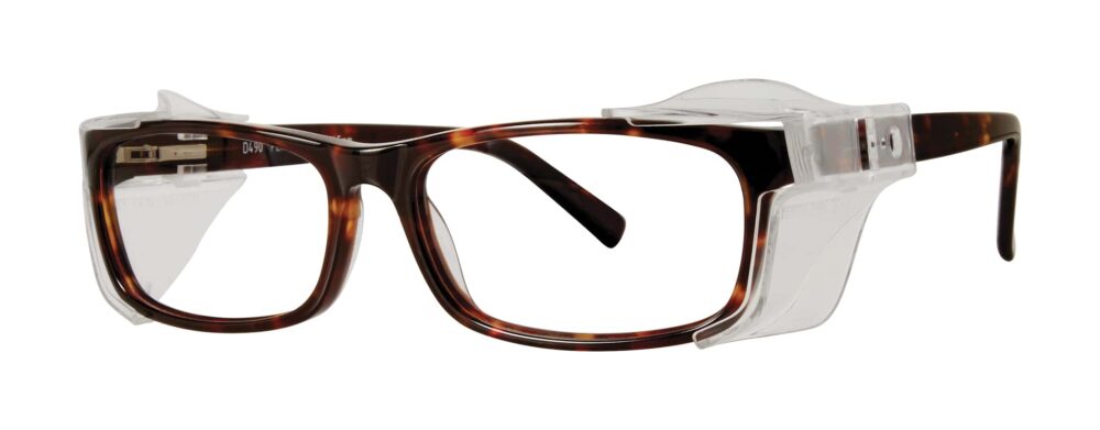 Pentax D490 Glasses, Brown Amber frame with side shields. Angled left