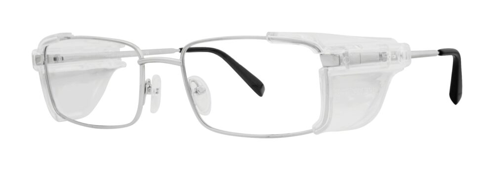 Pentax DP600 glasses, silver frame with side shields. Angled left