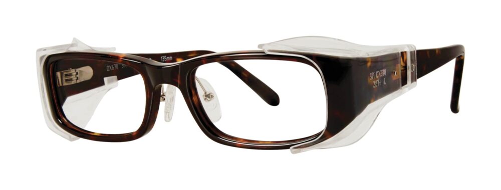 Pentax DX670 Glasses, Tortoise frame with side shields. Angled left