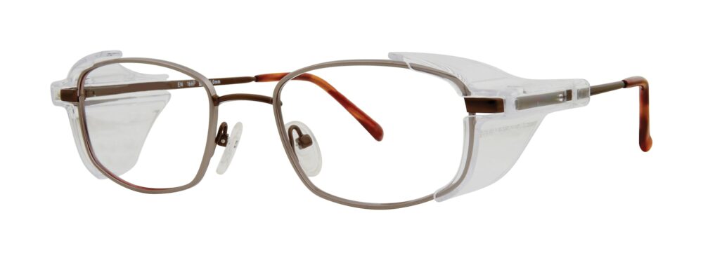 Pentax Steel 400 Safety Glasses, Gray Matte and Brown Matte frame with side shields. Angled left