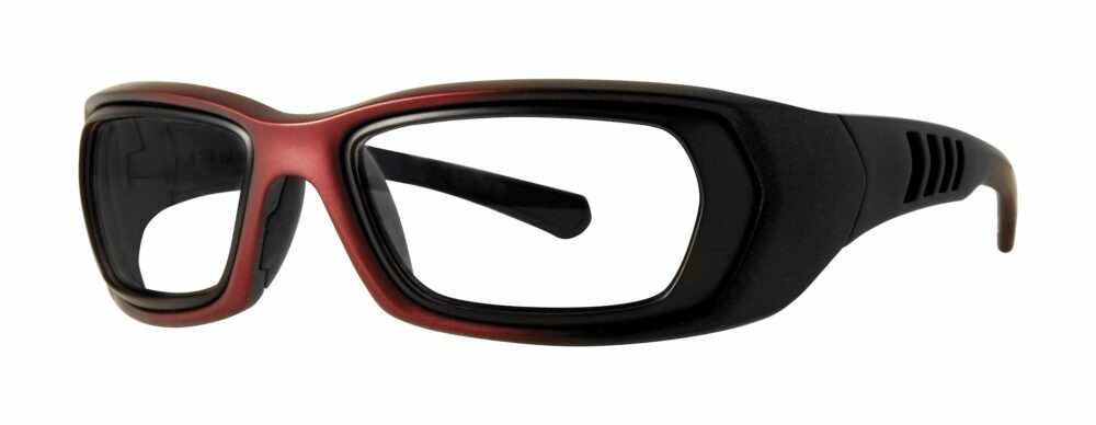Pentax V1000 6 base Safety Glasses, wine fade frame. Angled left