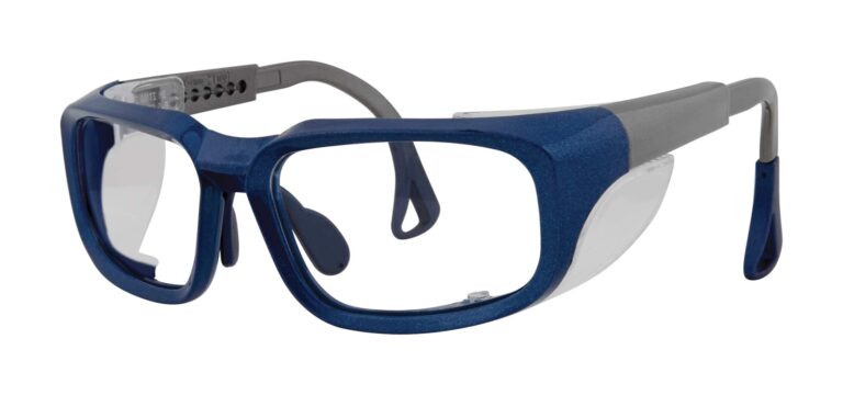 Pentax ZT100 Safety Glasses, blue and gray frame with clear side shields. Angled left