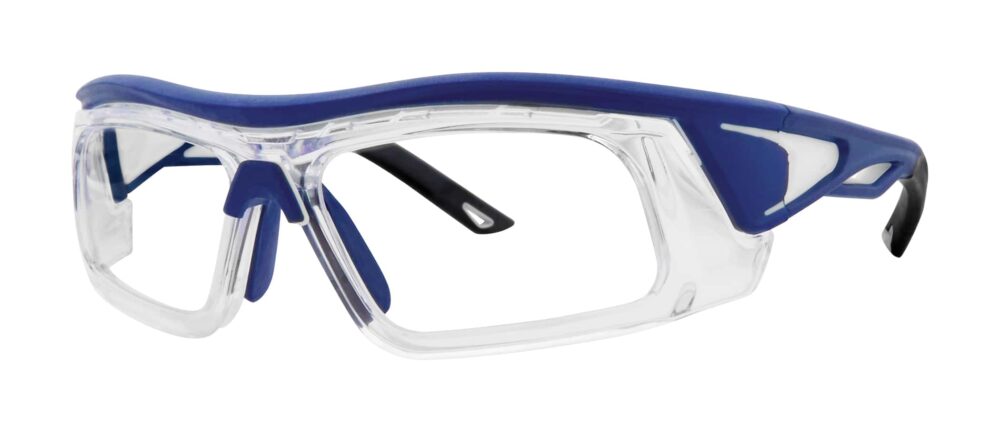 Pentax ZT400 Safety Glasses, navy blue frame with clear lens. Angled left