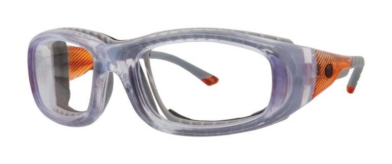 Pentax ZT55 Safety Glasses, crystal and orange frame. Angled left