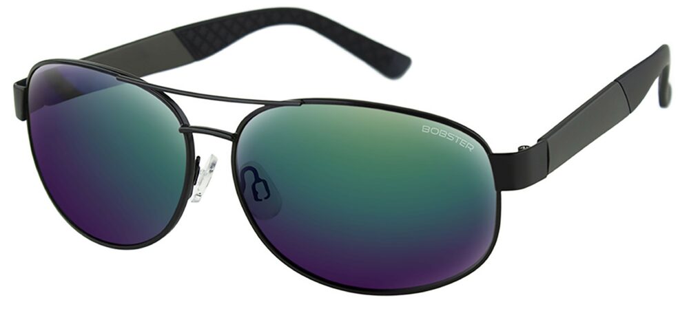 Bobster Commander Sunglasses, in a Matte Metallic Charcoal/Matte Black Metal Frame with Brown HD Green Mirror Lens. Angled left