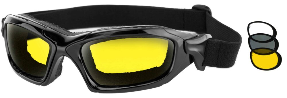 Bobster Diesel Goggle, gloss black frame with yellow interchangeable lens. angled left