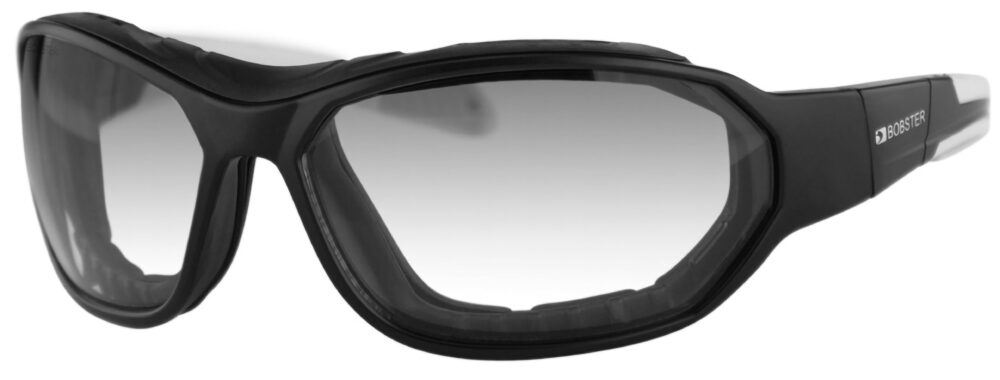 Bobster Force Sunglasses, matte black frame with clear photochromic lens. angled left