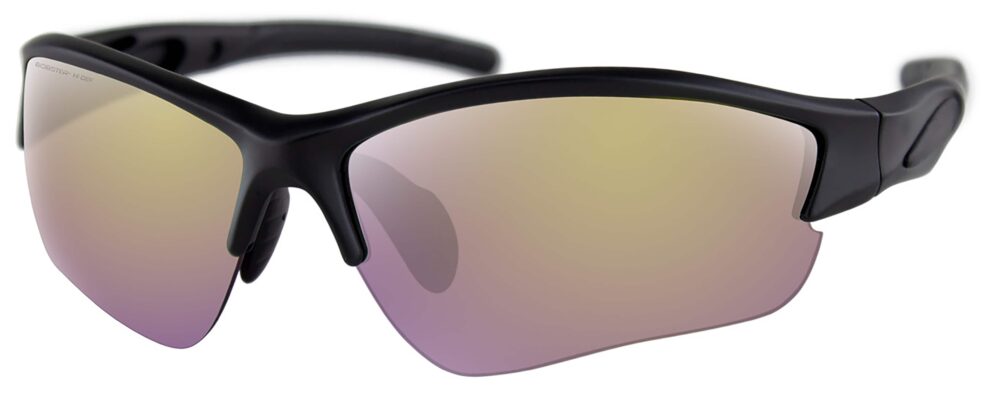 Bobster Rapid Sunglasses, Matte Black frame with Purple High Definition Yellow Revo Mirror lens. Angled left
