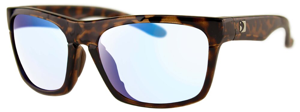 Bobster Route Sunglasses, Gloss Brown Tortoise frame with Clear Blue Light lens. Angled left