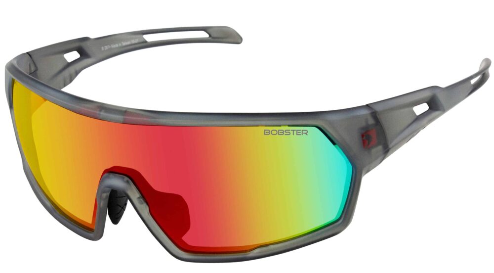 Bobster Speed Sunglasses, Matte Clear Gray Frame, Smoked Crimson Mirror Lens. Angled left