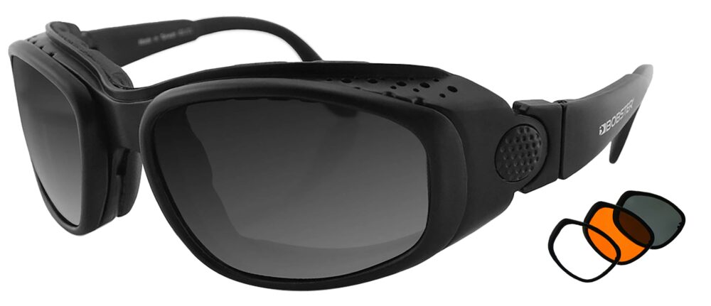 Bobster Sport & Street Sunglasses, Matte black frame with smoke, amber, clear lens. Angled left