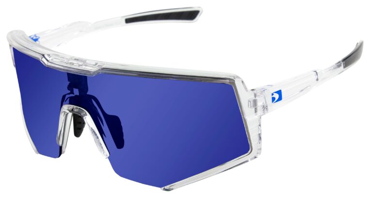 Bobster Sprocket Sunglasses, Crystal Clear Frame, Blue Mirror Lens. Angled left