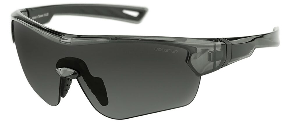 Bobster Stella Sunglasses, gloss clear gray frame, with smoke lens. Angled left