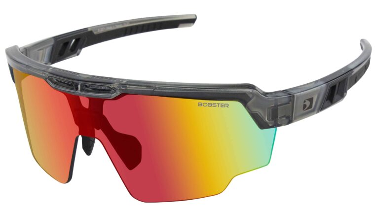 Bobster Wheelie Sunglasses, Gloss Clear Gray Frame, Smoked Black Red Revo Lens. Angled left
